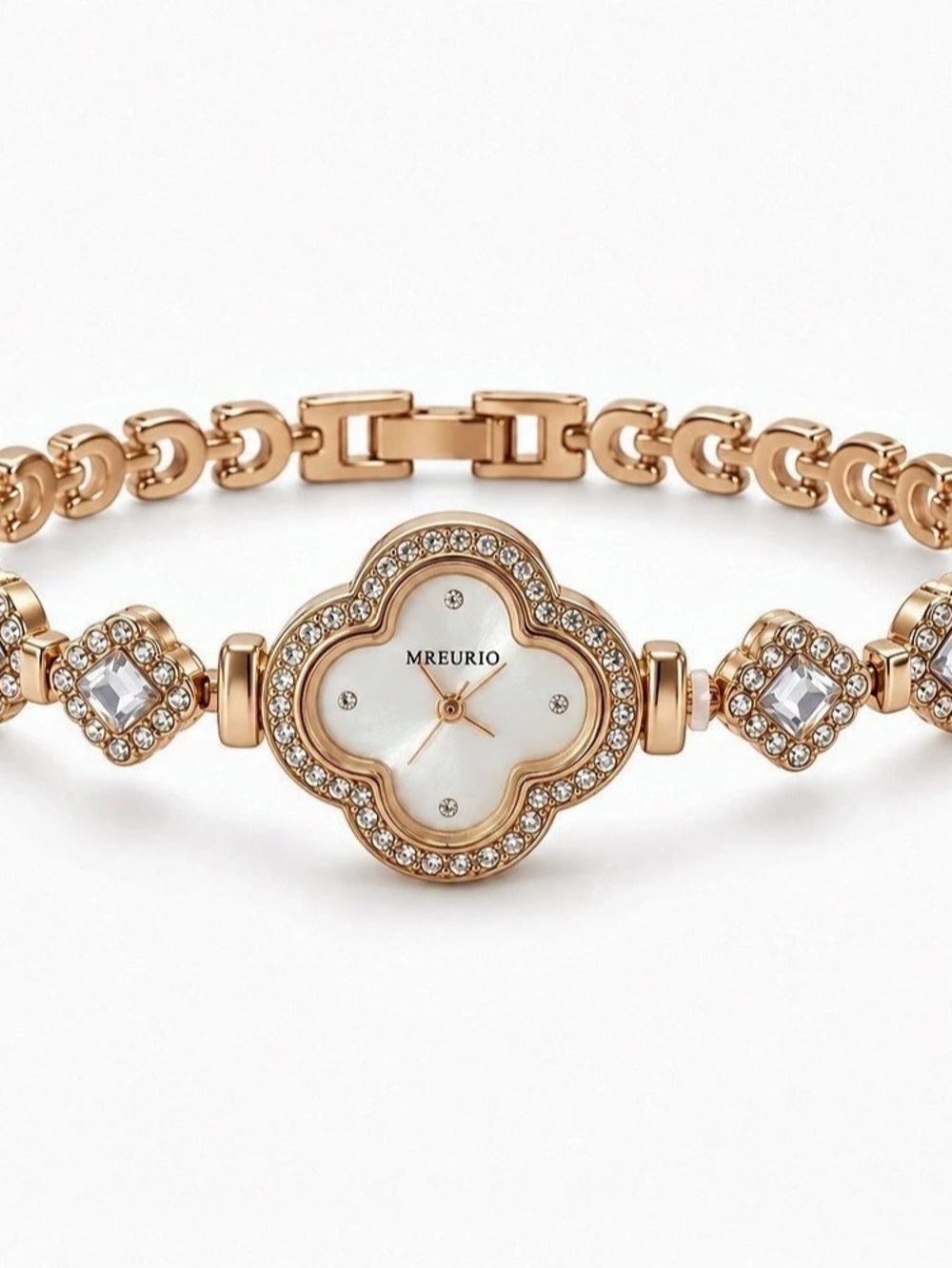 Rose-Gold White Clover Rhinestone Watch